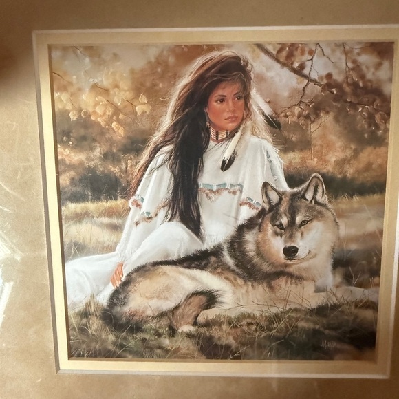 Maija 1993 Vintage Aspen Gold Native American Woman and Wolf Art Print 10x10 - Picture 8 of 11